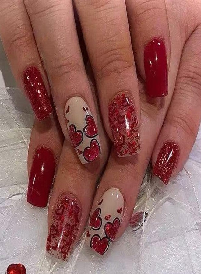 YKZFUI 24Pcs Valentine's Day Nails Press on Nails Short French Tip Press on Nails with Red Heart Sparkly Design Square False Nails Valentine's Fake Nails Glitter Glue on Nails Heart Love Manicure for Women - Image 1